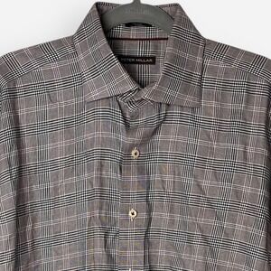 Peter Millar Men's Dress Shirt Brown Plaid Large Button Cotton